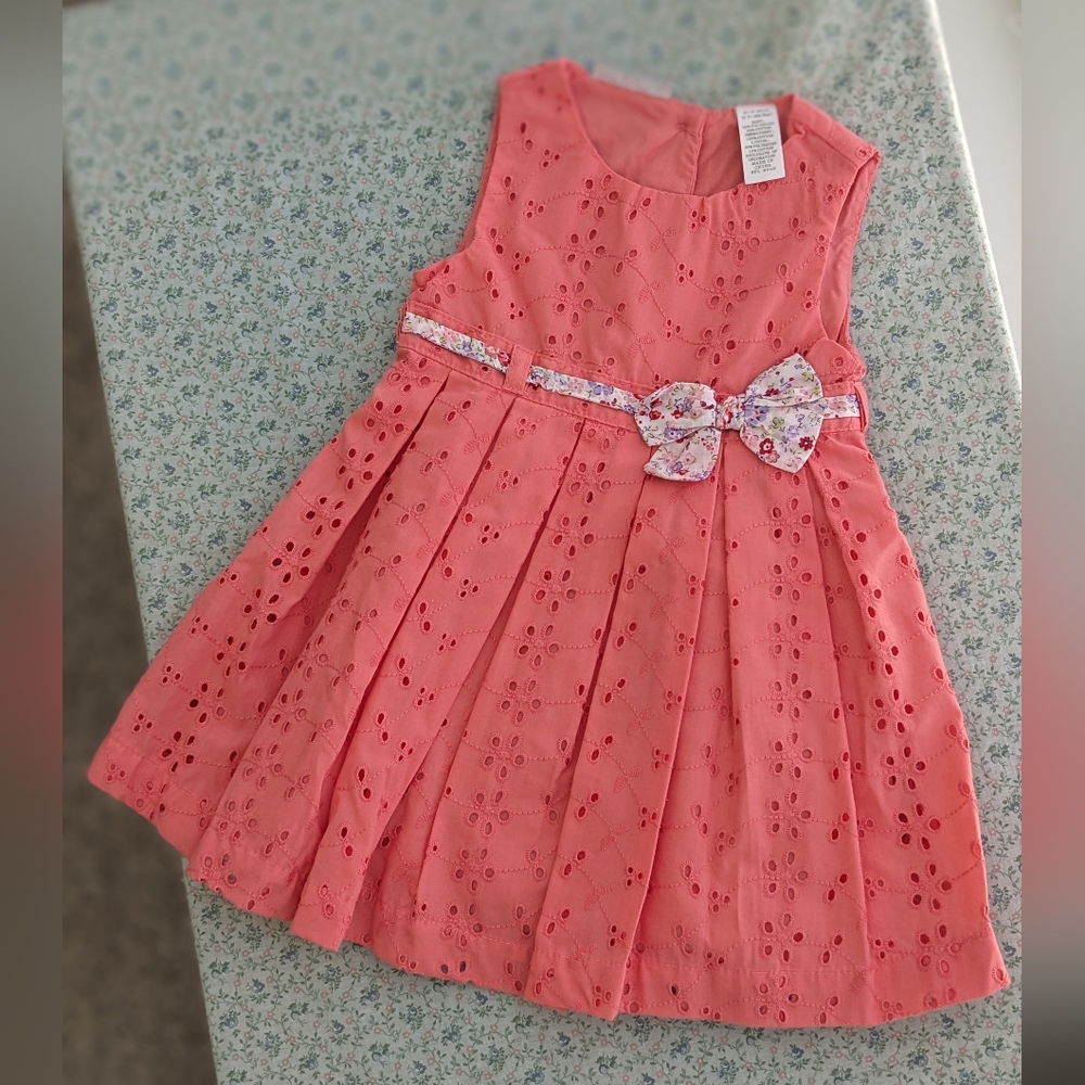 Coral Pink Pleated Lace Floral 6-9 mos Baby Dress with Bow